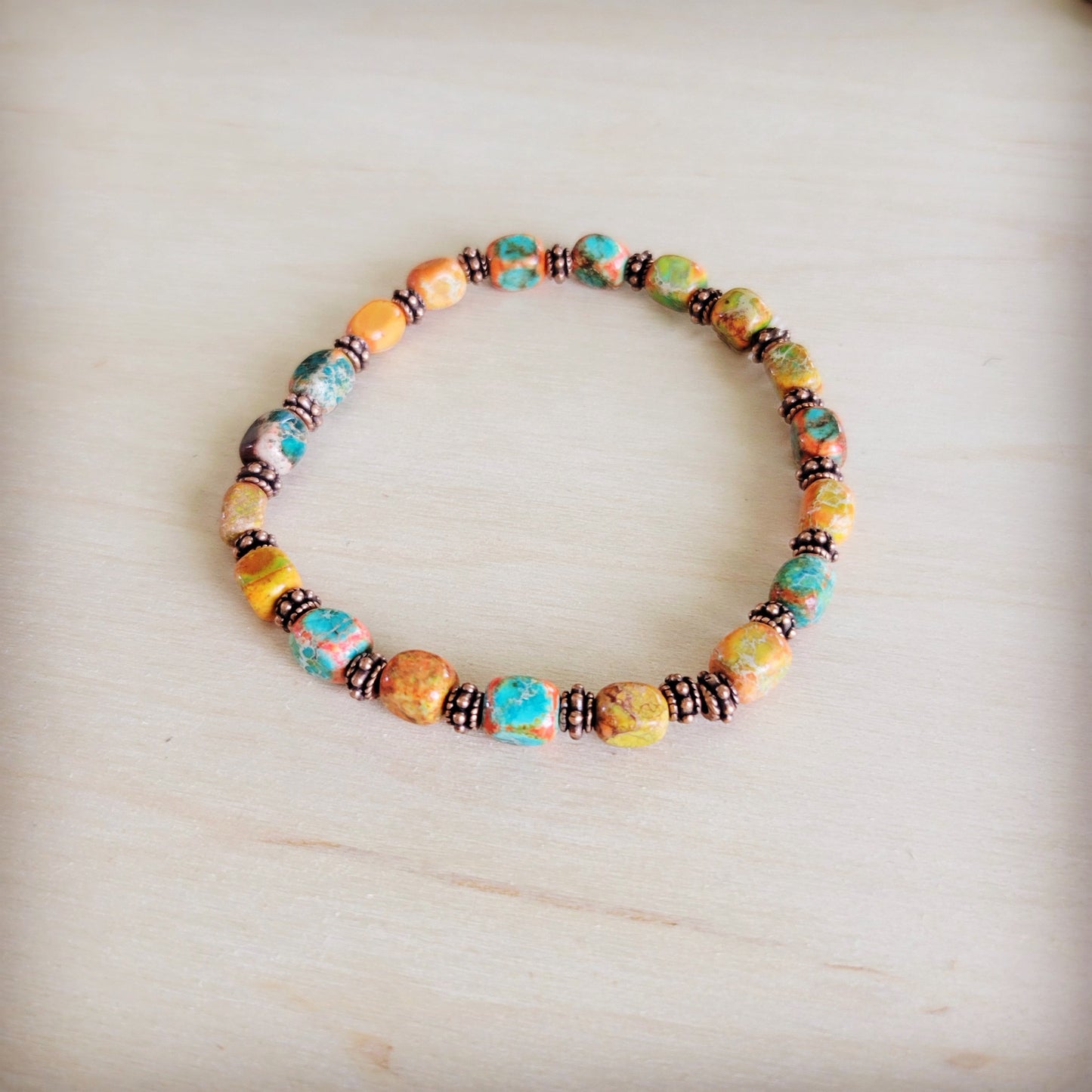 Genuine Regalite and Copper Stretch Beaded Bracelet Sunrise 812j