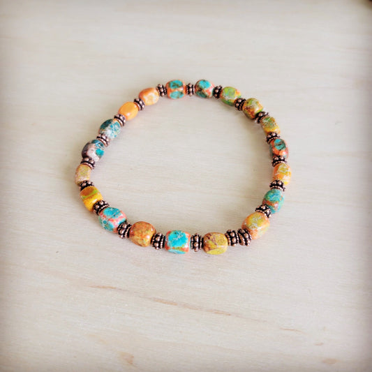 Genuine Regalite and Copper Stretch Beaded Bracelet Sunrise 812j