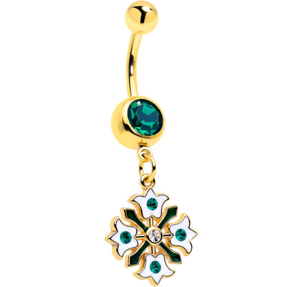 Green Gem Gold Tone Flower Wreath Dangle Belly Ring BodyCandy