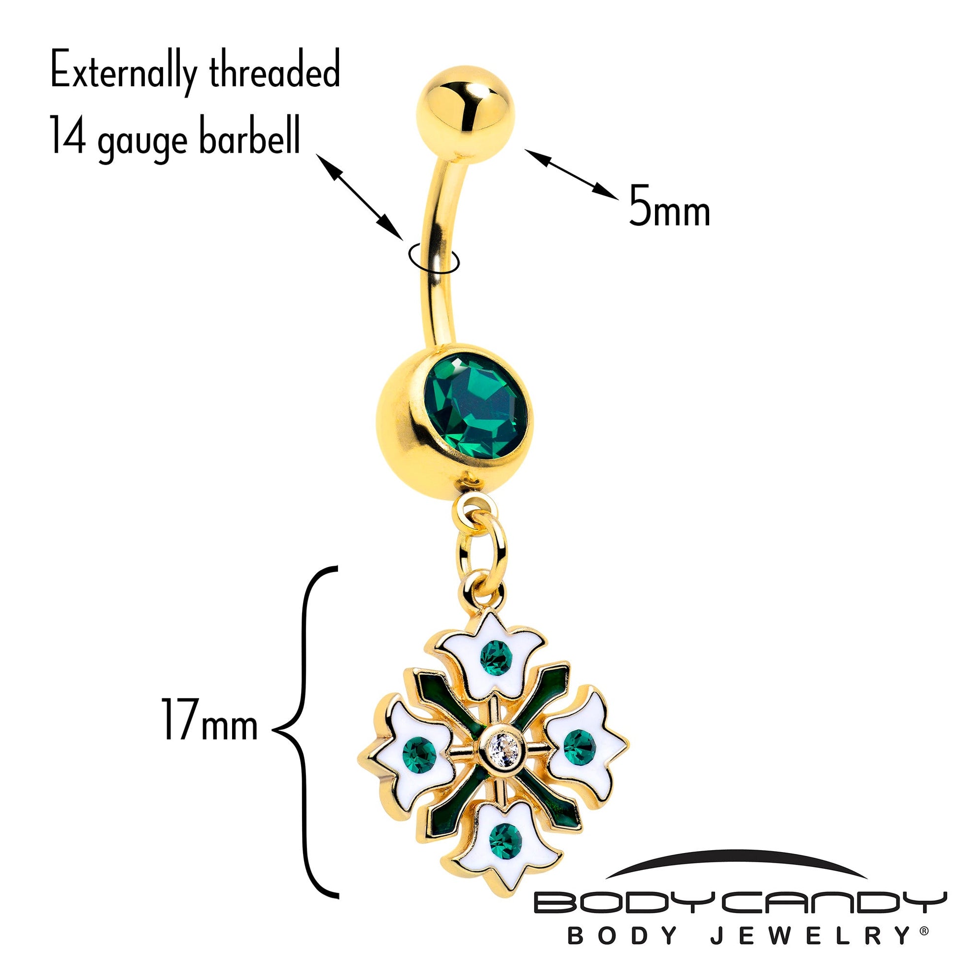 Green Gem Gold Tone Flower Wreath Dangle Belly Ring BodyCandy