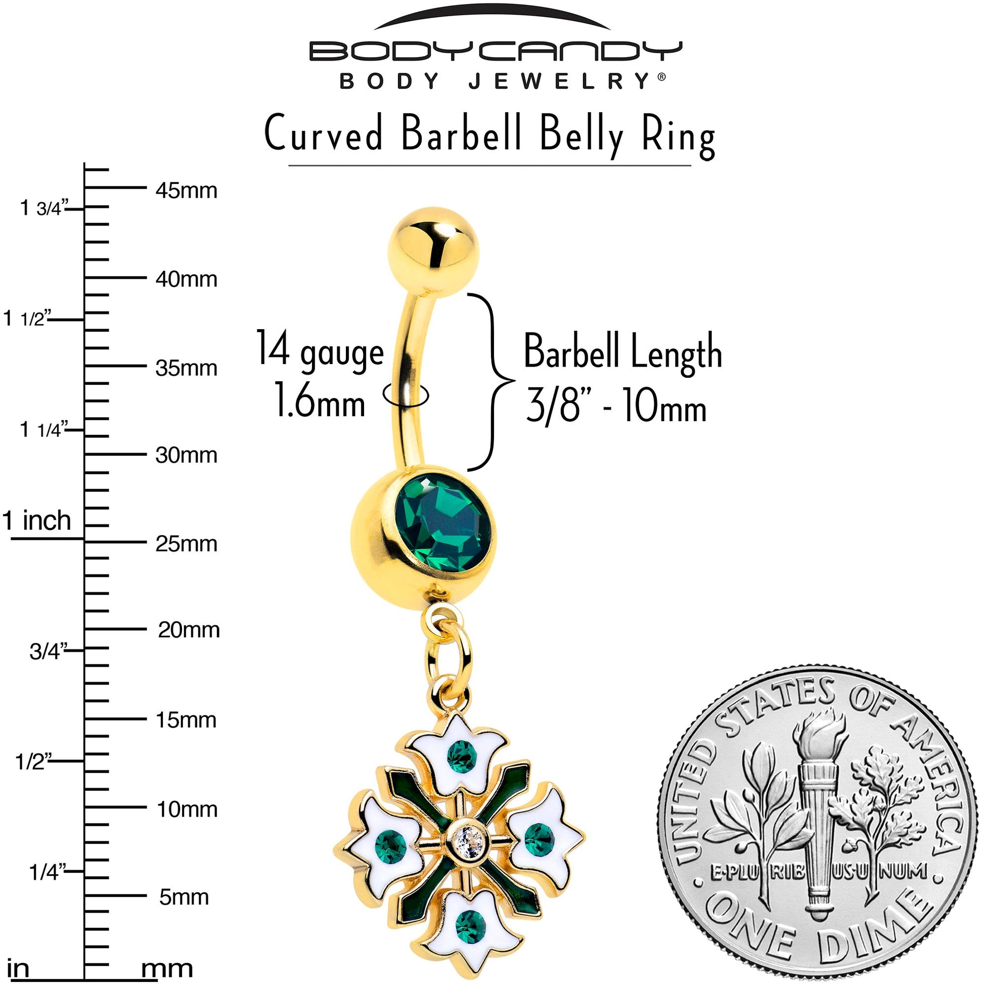 Green Gem Gold Tone Flower Wreath Dangle Belly Ring BodyCandy