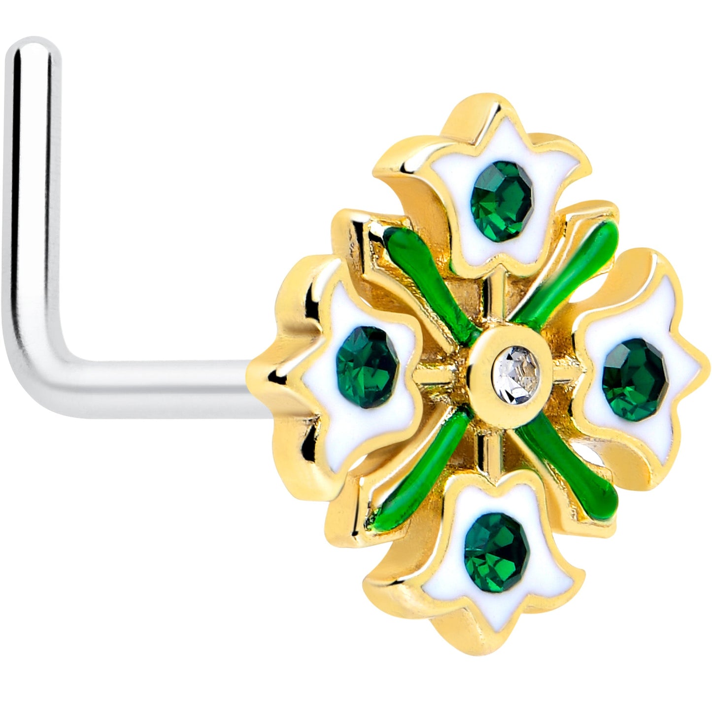 20G 7mm Green Gem Flower Wreath L Shape Nose Ring BodyCandy