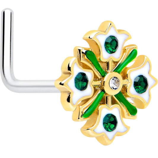 20G 7mm Green Gem Flower Wreath L Shape Nose Ring BodyCandy
