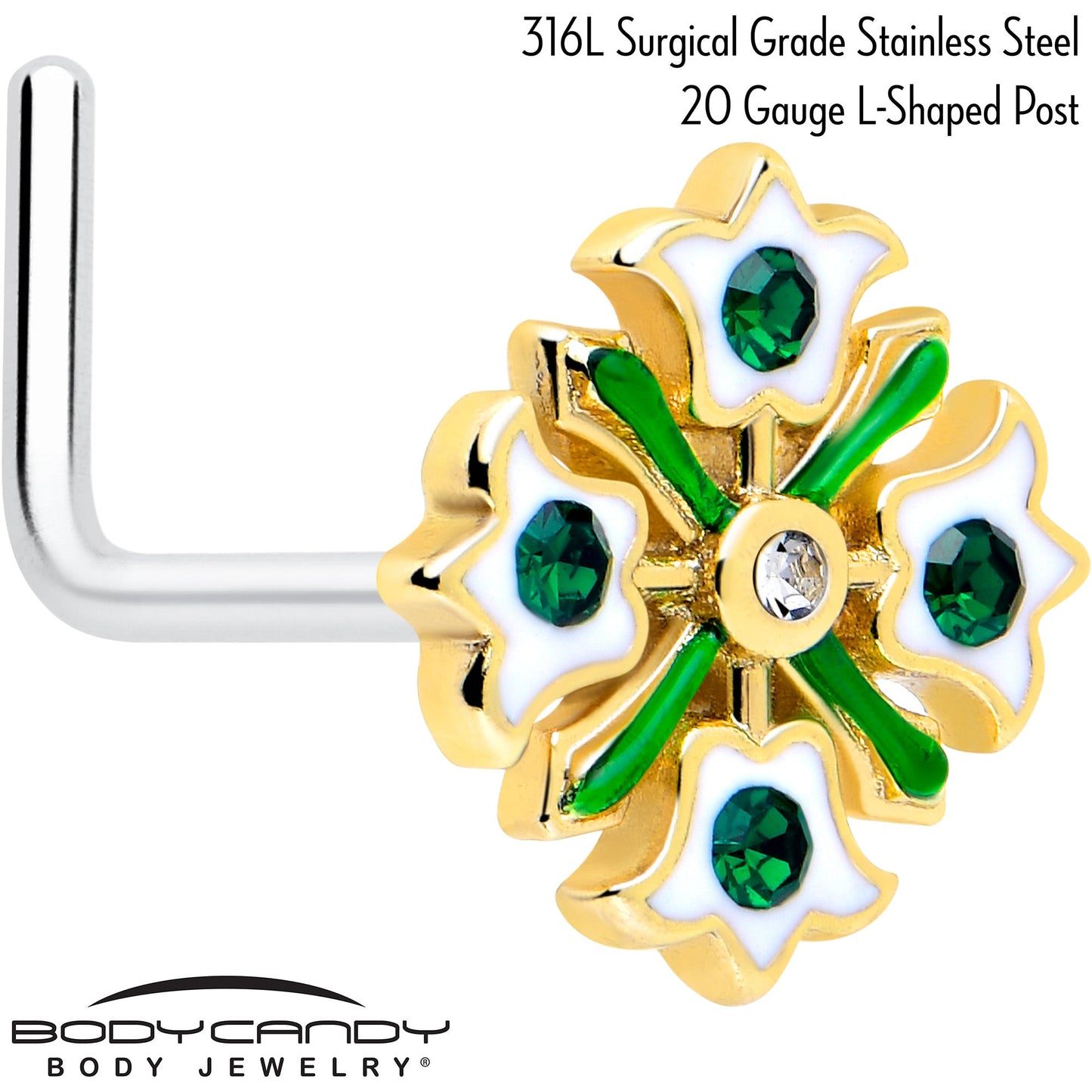 20G 7mm Green Gem Flower Wreath L Shape Nose Ring BodyCandy