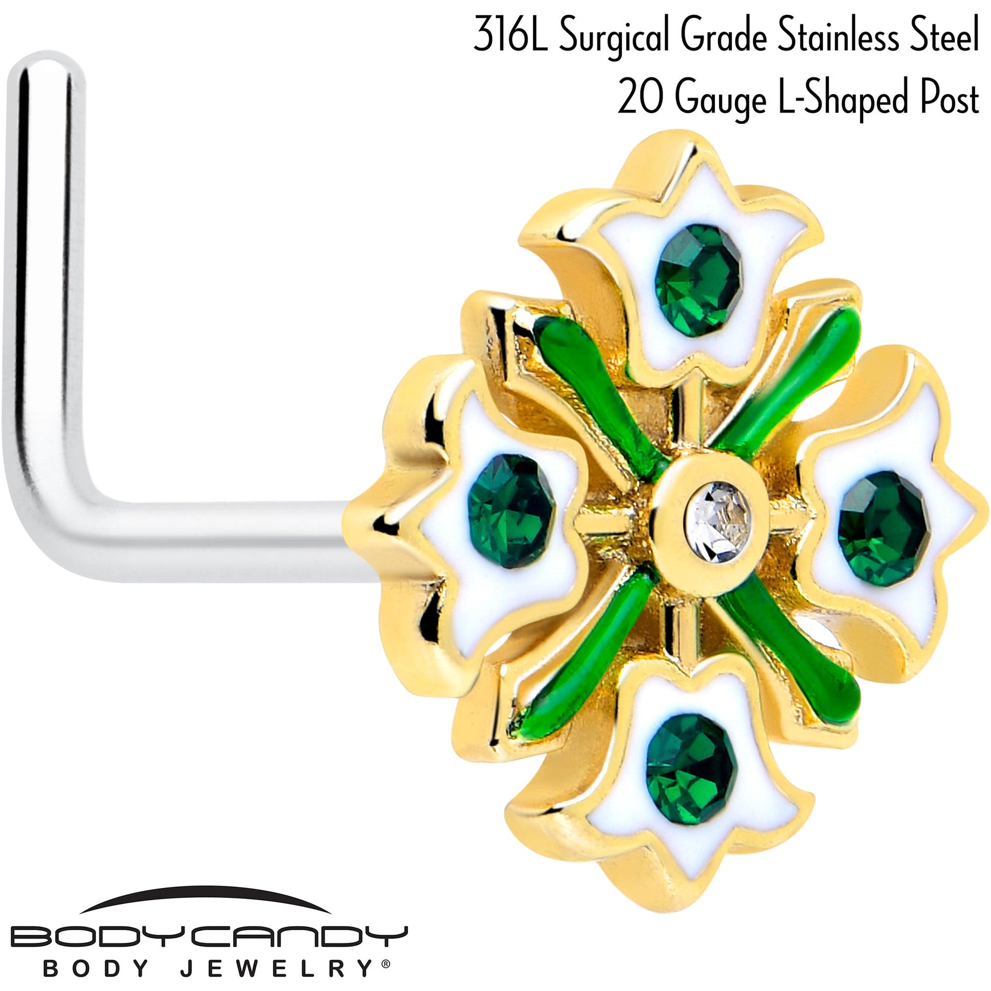 20G 7mm Green Gem Flower Wreath L Shape Nose Ring BodyCandy