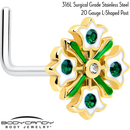 20G 7mm Green Gem Flower Wreath L Shape Nose Ring BodyCandy