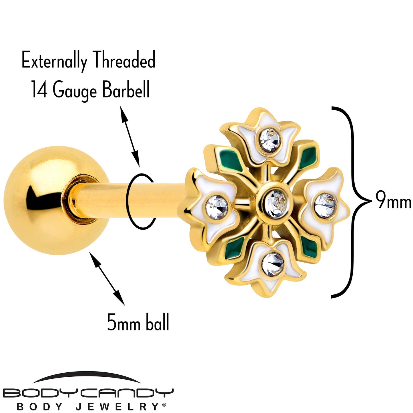 Clear Gem Gold Tone Flower Wreath Barbell Tongue Ring BodyCandy