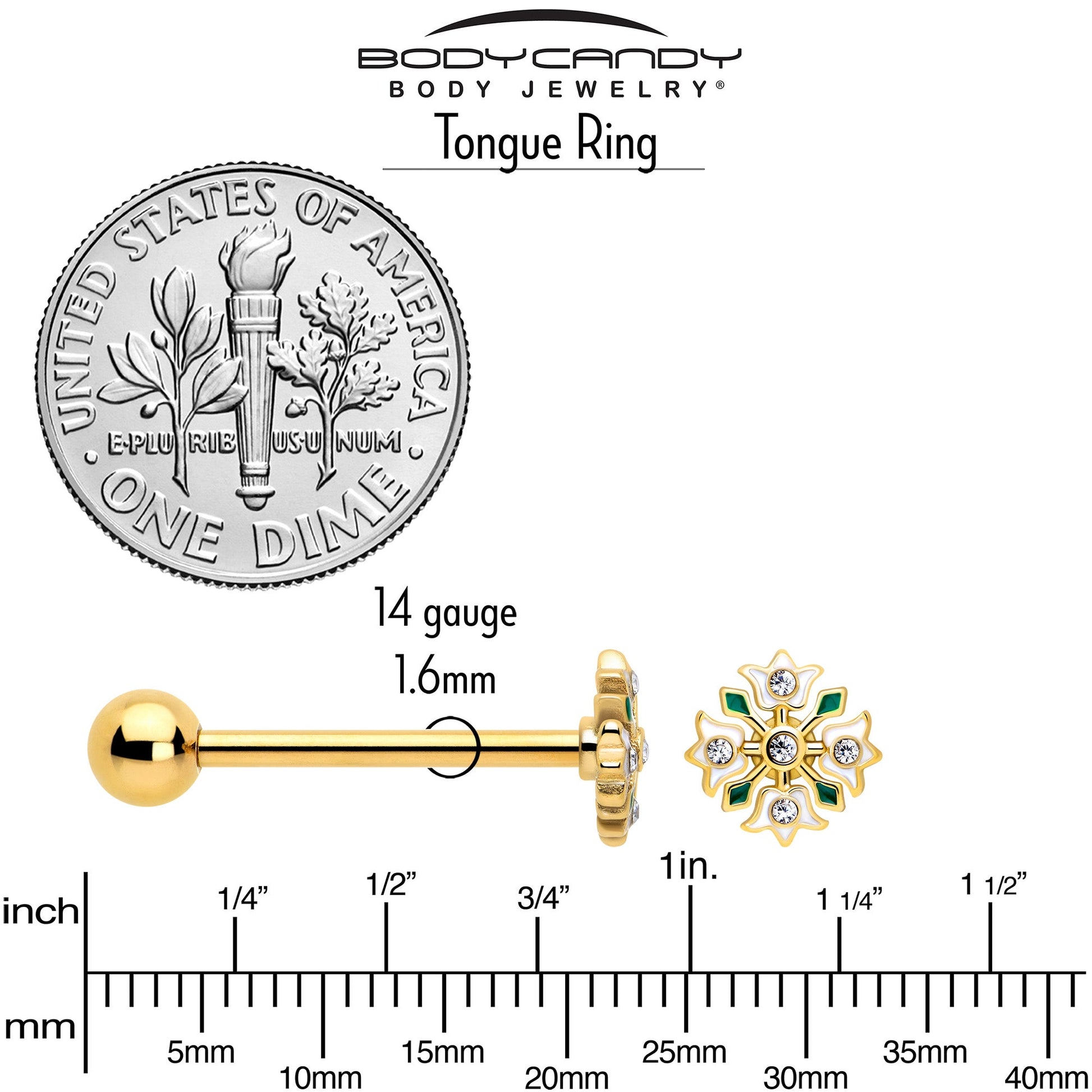 Clear Gem Gold Tone Flower Wreath Barbell Tongue Ring BodyCandy