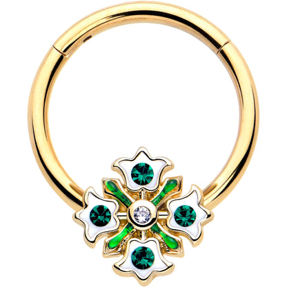 16G 3/8 Green Gem Gold Tone Flower Wreath Hinged Segment Ring BodyCandy