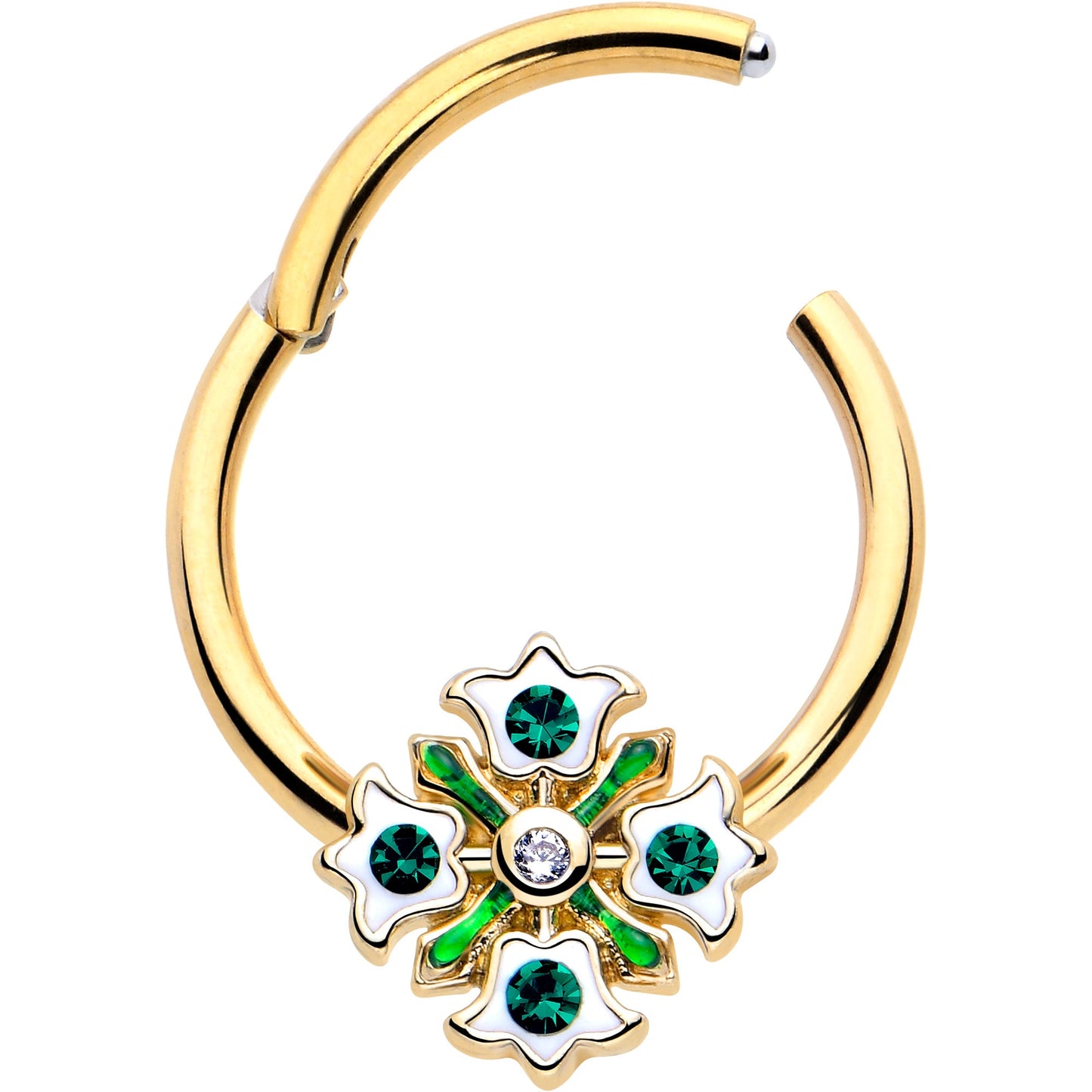16G 3/8 Green Gem Gold Tone Flower Wreath Hinged Segment Ring BodyCandy