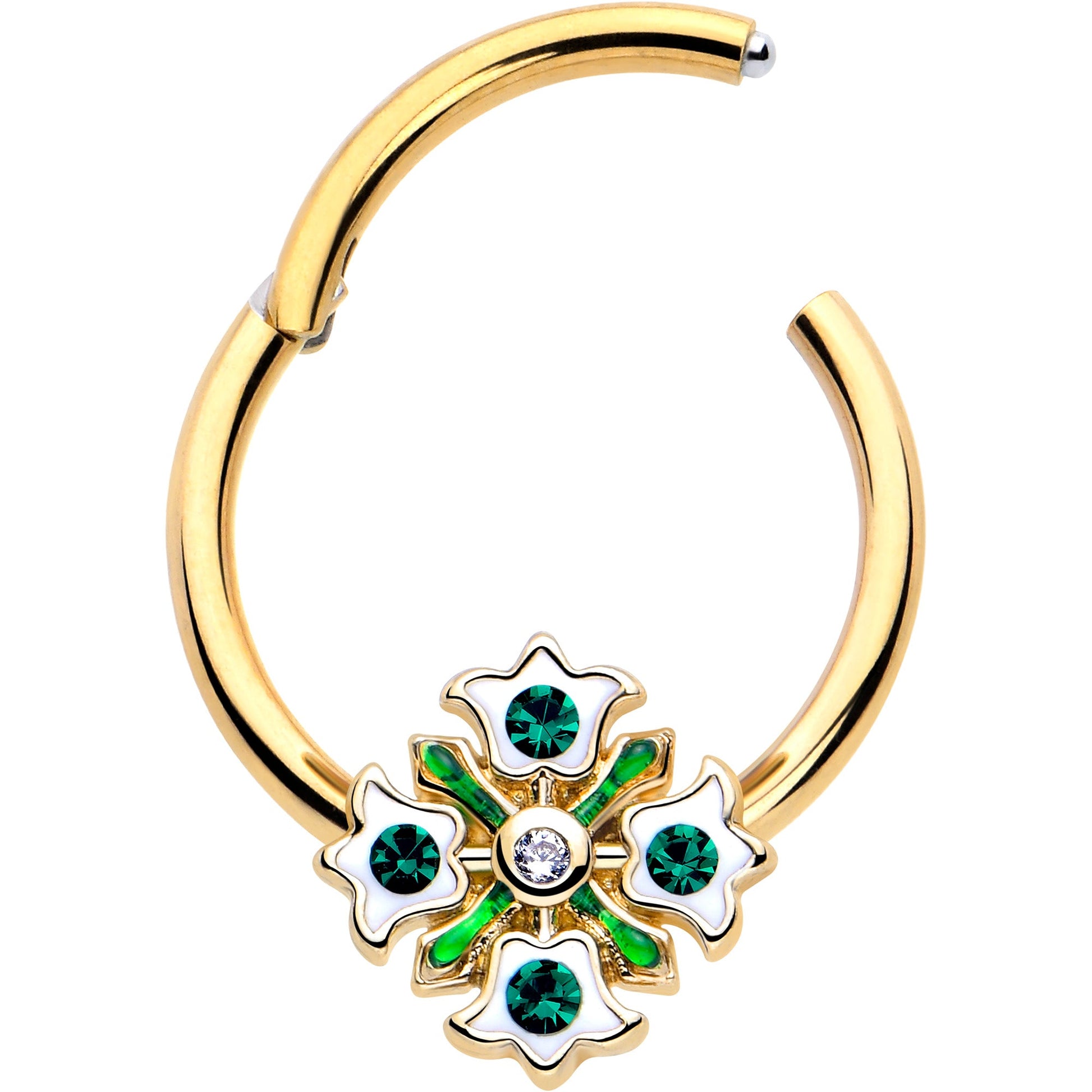 16G 3/8 Green Gem Gold Tone Flower Wreath Hinged Segment Ring BodyCandy