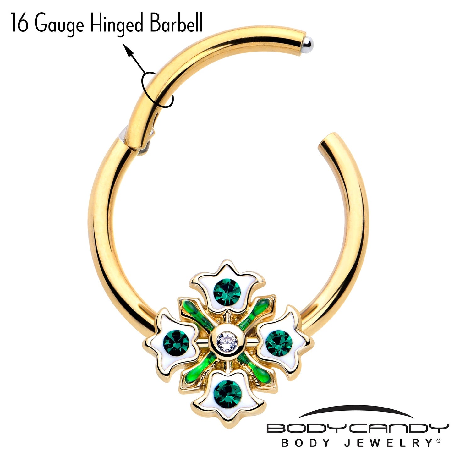 16G 3/8 Green Gem Gold Tone Flower Wreath Hinged Segment Ring BodyCandy