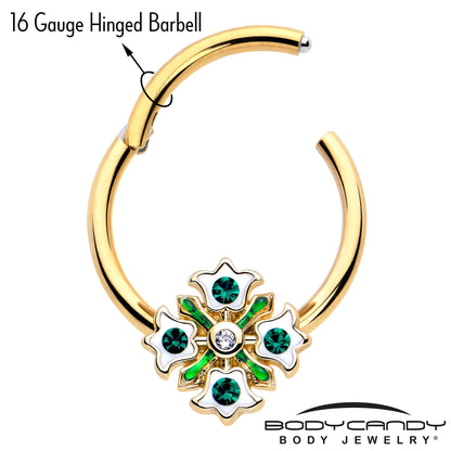 16G 3/8 Green Gem Gold Tone Flower Wreath Hinged Segment Ring BodyCandy