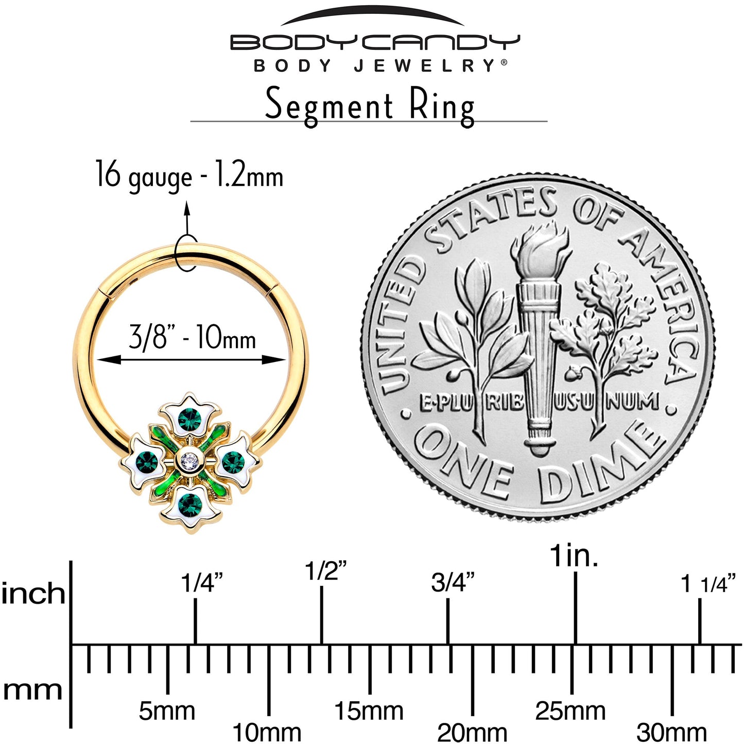 16G 3/8 Green Gem Gold Tone Flower Wreath Hinged Segment Ring BodyCandy