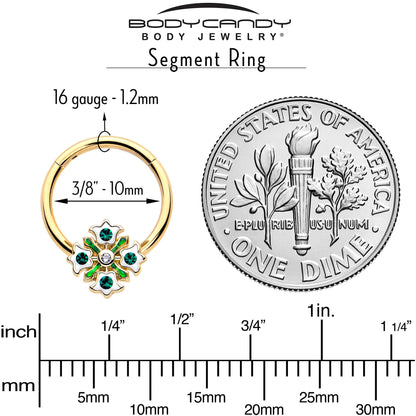 16G 3/8 Green Gem Gold Tone Flower Wreath Hinged Segment Ring BodyCandy