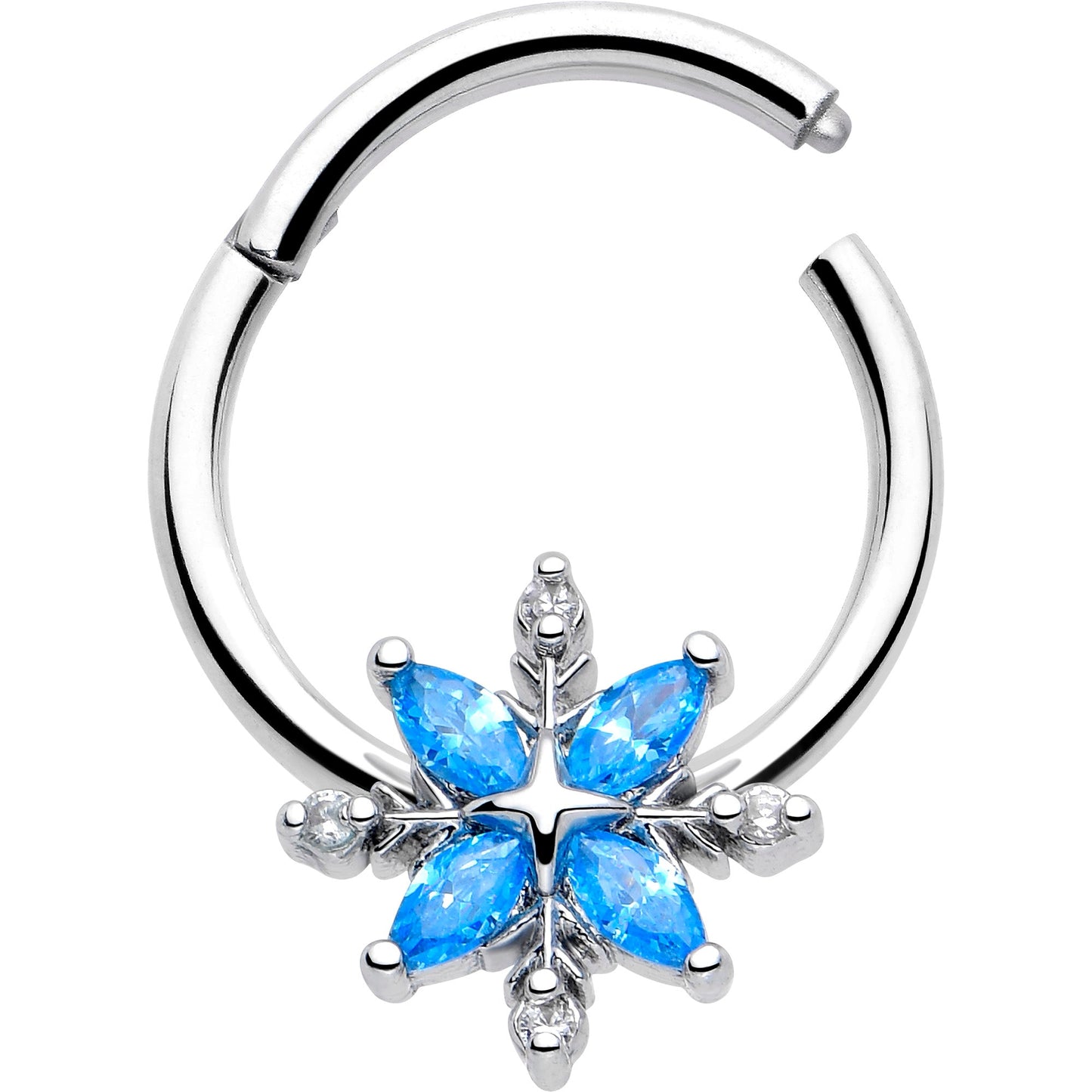 16G 3/8 Blue CZ Gem Classic Flower Hinged Segment Ring BodyCandy