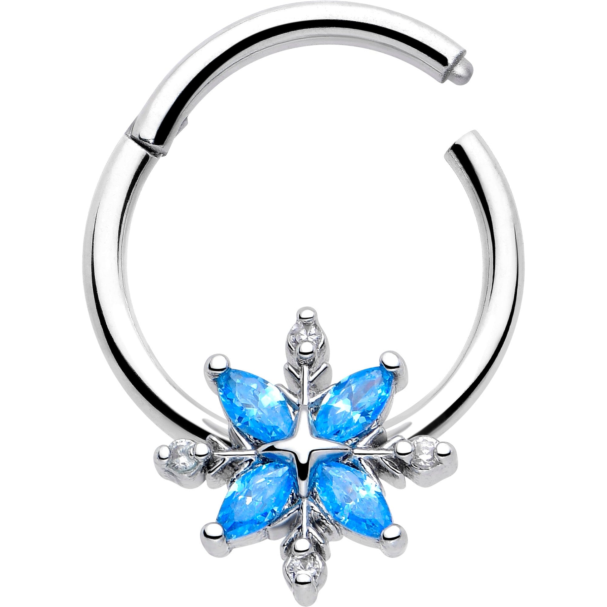 16G 3/8 Blue CZ Gem Classic Flower Hinged Segment Ring BodyCandy