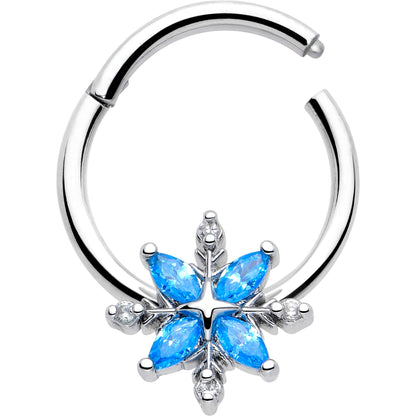 16G 3/8 Blue CZ Gem Classic Flower Hinged Segment Ring BodyCandy