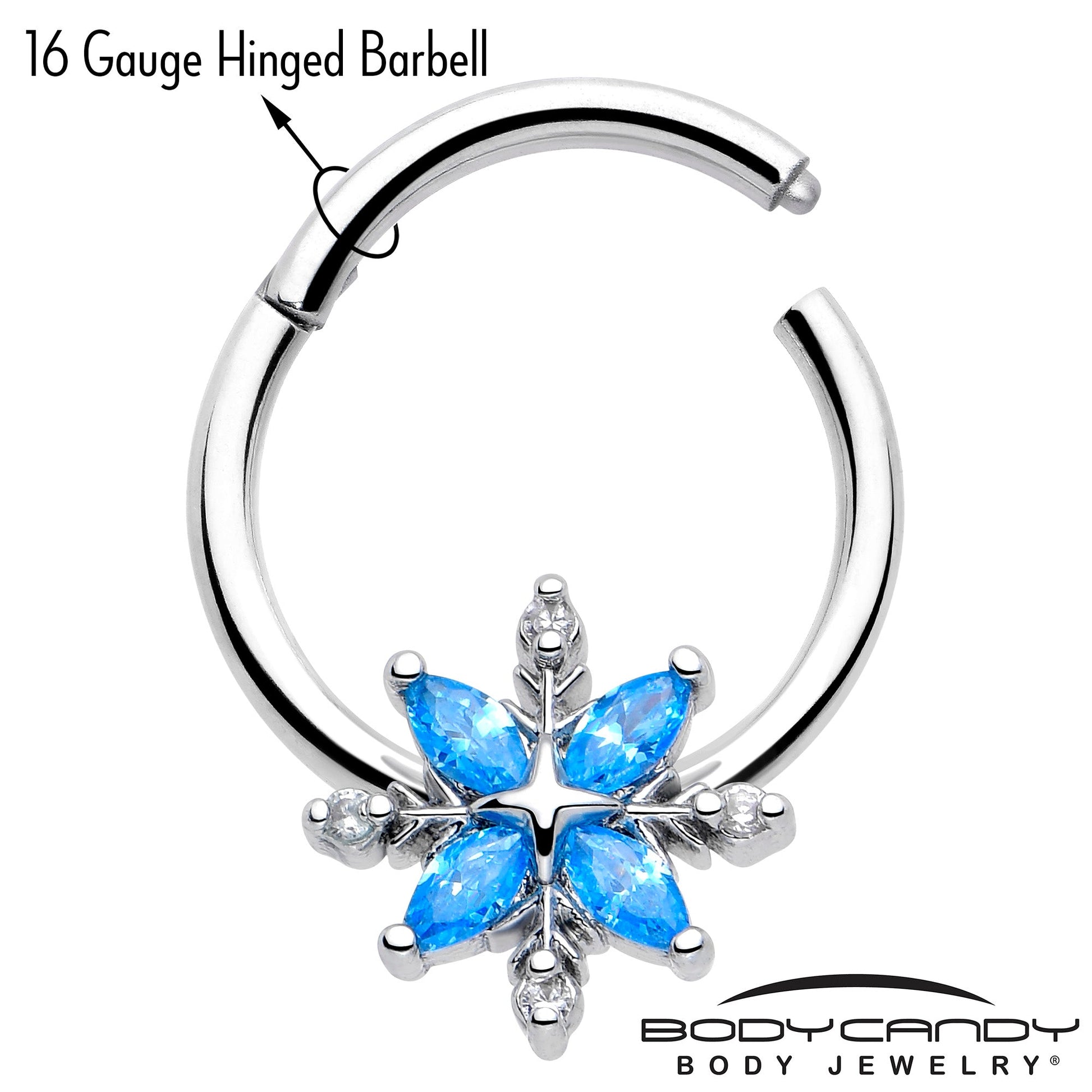 16G 3/8 Blue CZ Gem Classic Flower Hinged Segment Ring BodyCandy
