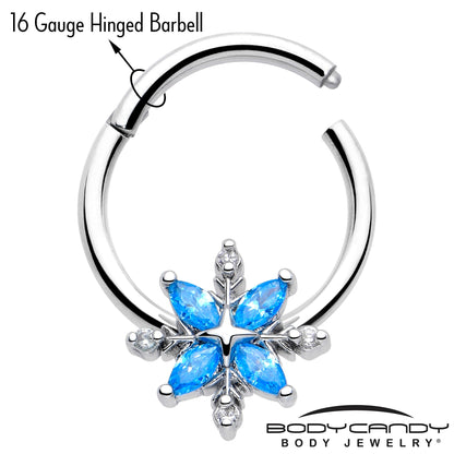 16G 3/8 Blue CZ Gem Classic Flower Hinged Segment Ring BodyCandy