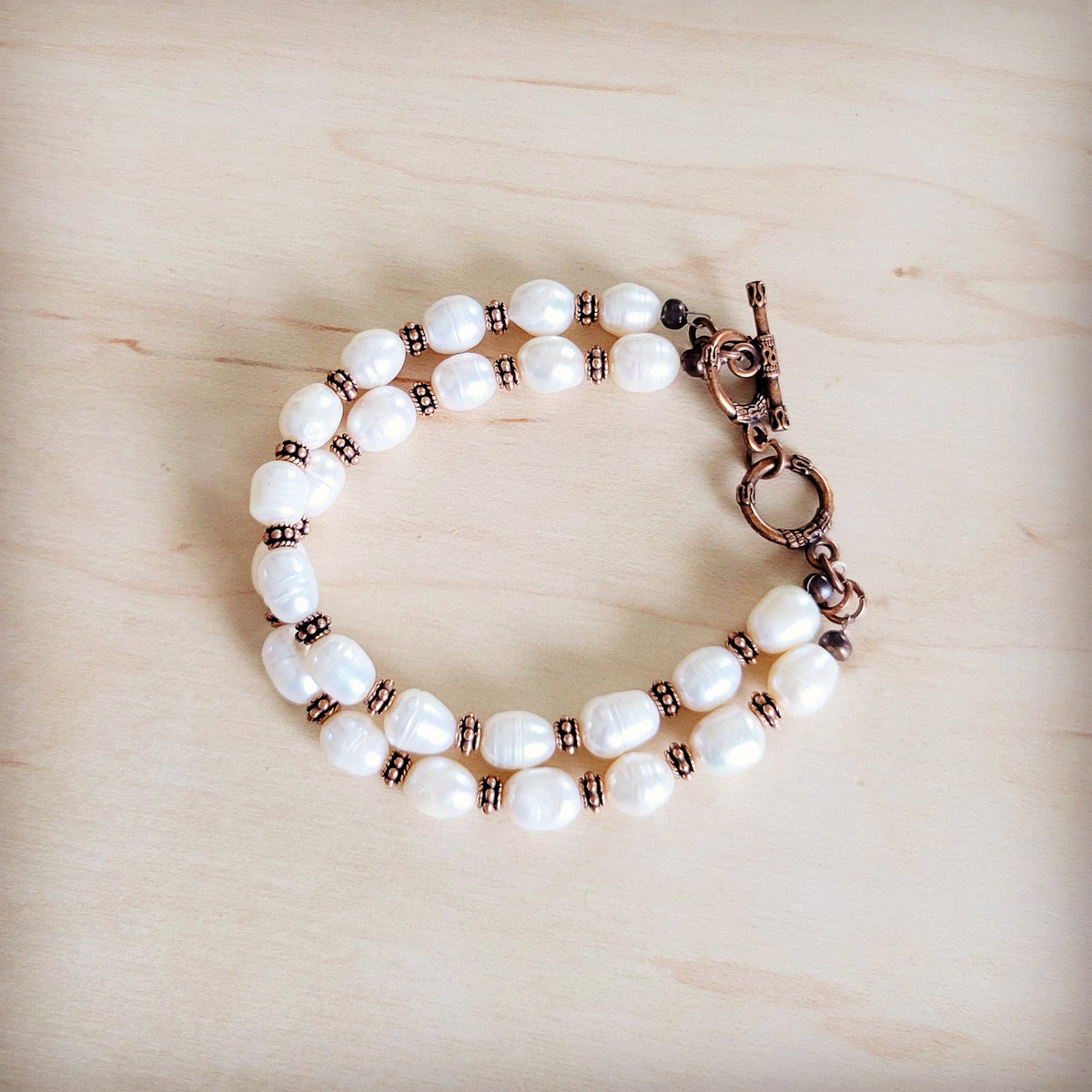 Freshwater Pearl & Copper Boho Beaded Double Strand Bracelet 811y