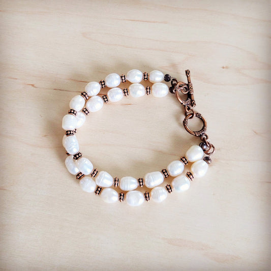 **Freshwater Pearl & Copper Boho Beaded Double Strand Bracelet 811y