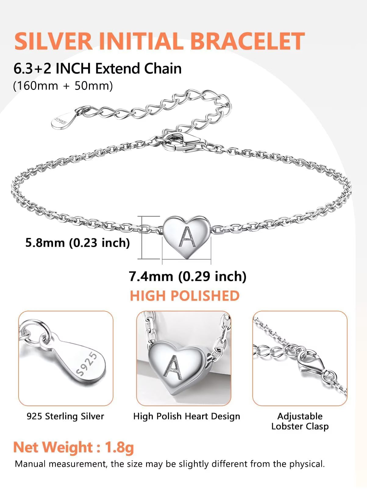 Initial Heart Bracelet for Women 925 Sterling Silver Chain Bracelets Charms Bracelets Birthday Anniversary Jewelry Gift for Daughter Girlfriend - Letter A