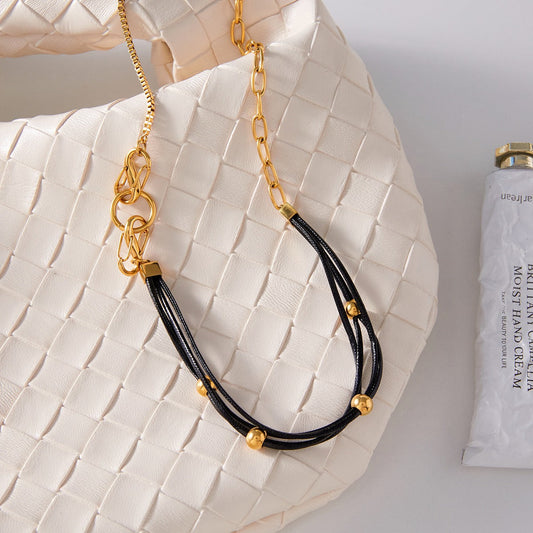 18K Gold And Black Wax Cord Necklace For Women, Suitable For Autumn And Winter Sweaters