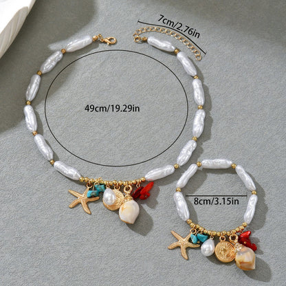 European American Ocean Style Women Jewelry Set, Fashion Beaded Shell Conch Design Matching Necklace & Bracelet Daily Accessories