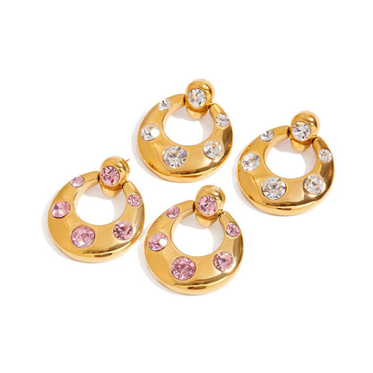 18K gold U-shaped inlaid gemstone design classic simple earrings