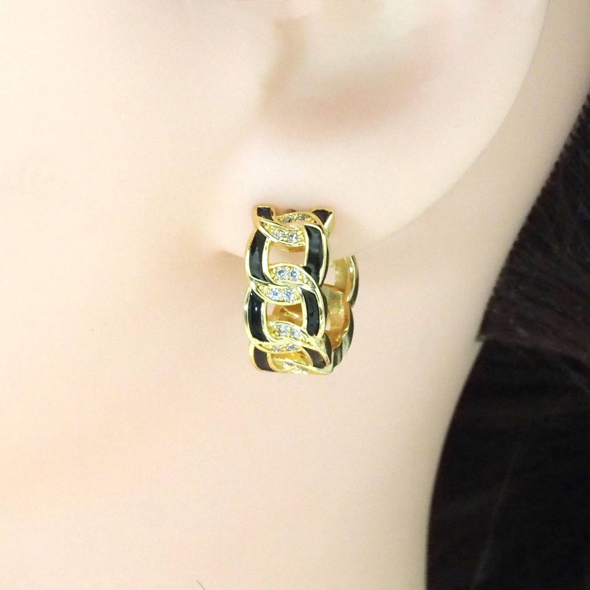 Enamel Gold Cuban Link Hoop Earrings, Sku#Y785