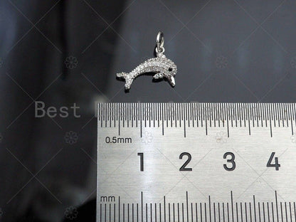 CZ Micro Pave Dolphin Shape Pendant/Charm, Bracelet Necklace CZ  Dolphin Pendant Charm, Real Gold Plated Charm, 14x10mm,Sku#Y370