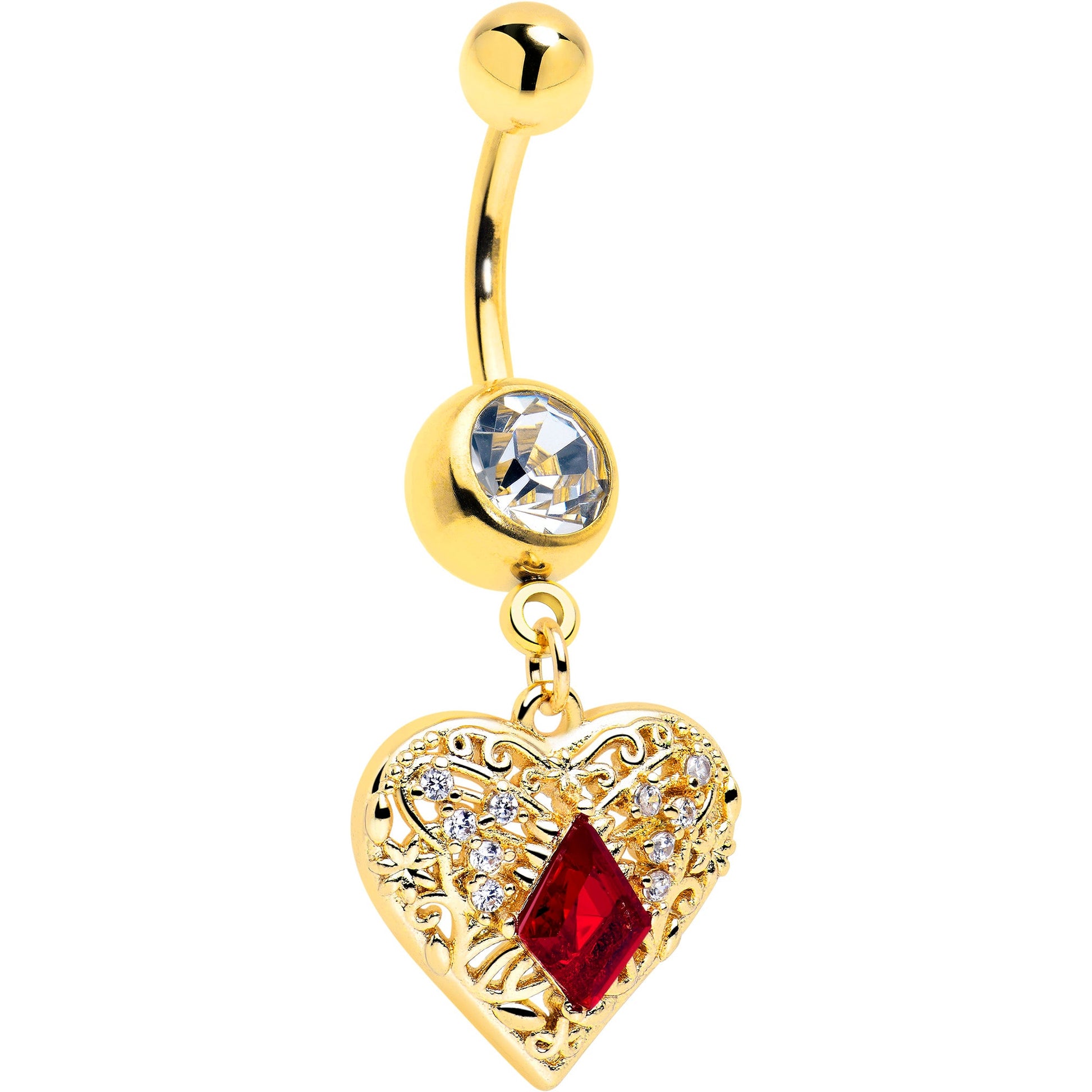 Red CZ Gem Gold Tone Heart Queen Dangle Belly Ring BodyCandy