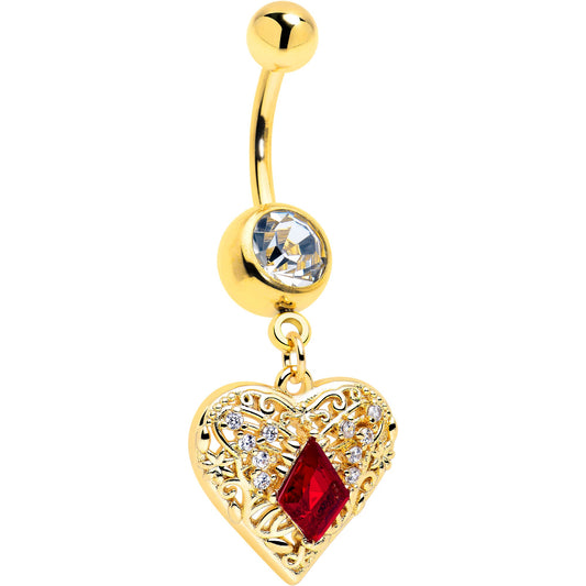 Red CZ Gem Gold Tone Heart Queen Dangle Belly Ring BodyCandy