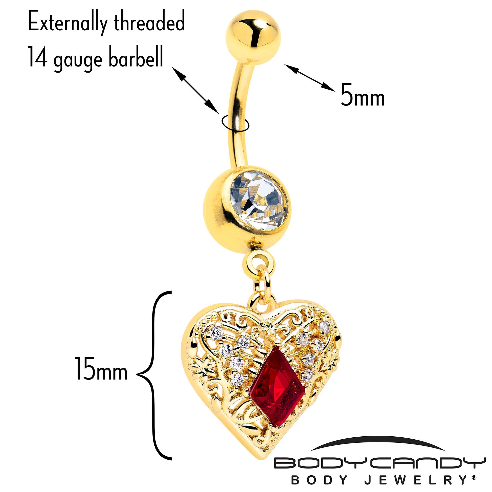 Red CZ Gem Gold Tone Heart Queen Dangle Belly Ring BodyCandy