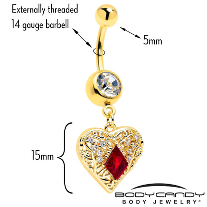 Red CZ Gem Gold Tone Heart Queen Dangle Belly Ring BodyCandy