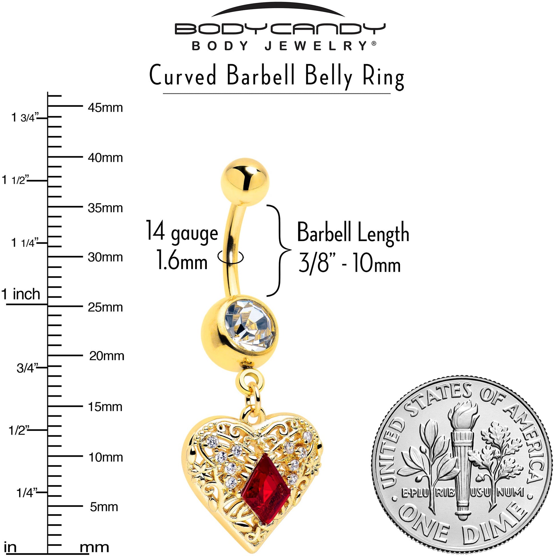 Red CZ Gem Gold Tone Heart Queen Dangle Belly Ring BodyCandy