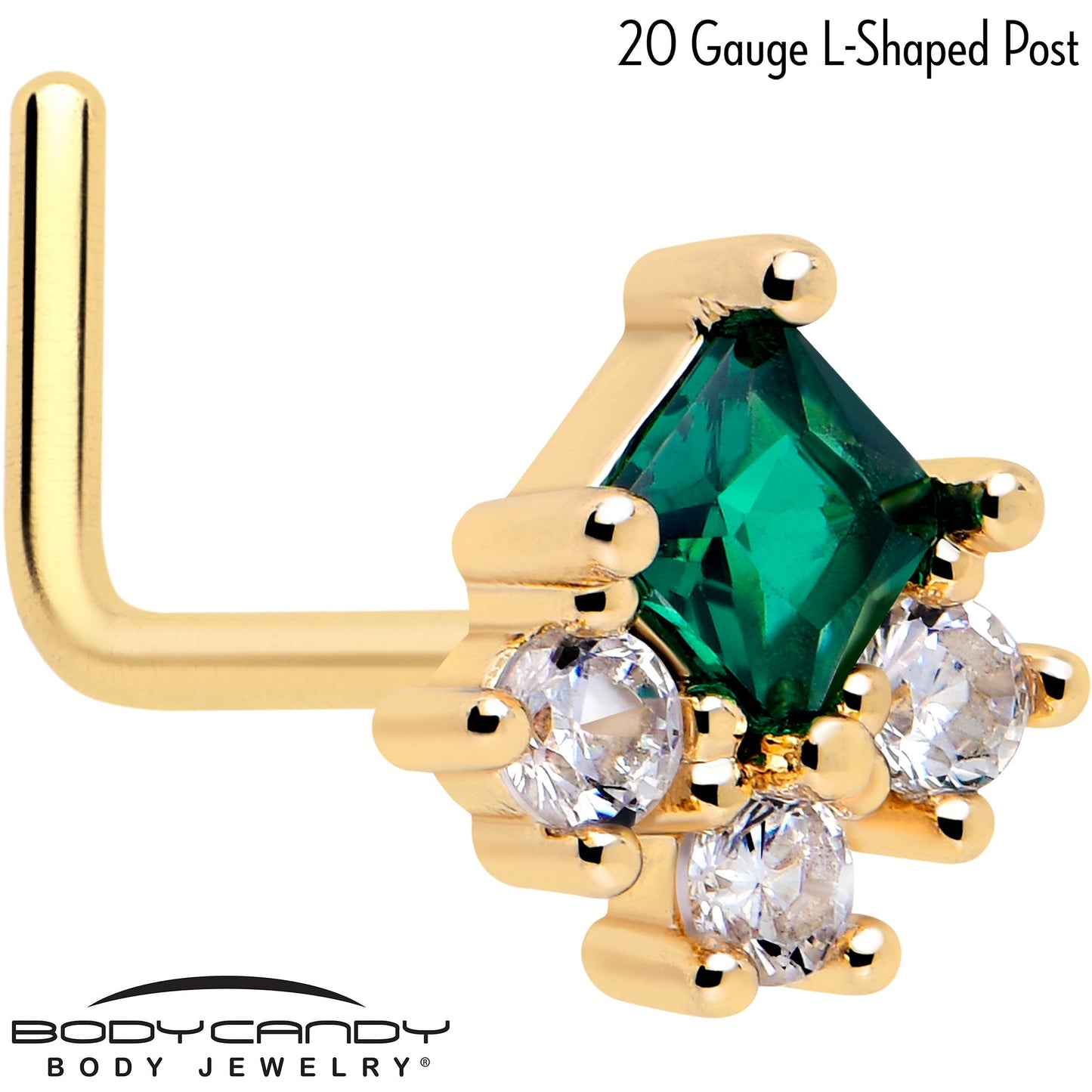 20G 7mm Green CZ Gem Gold Tone Rhombus Riot L Shape Nose Ring BodyCandy