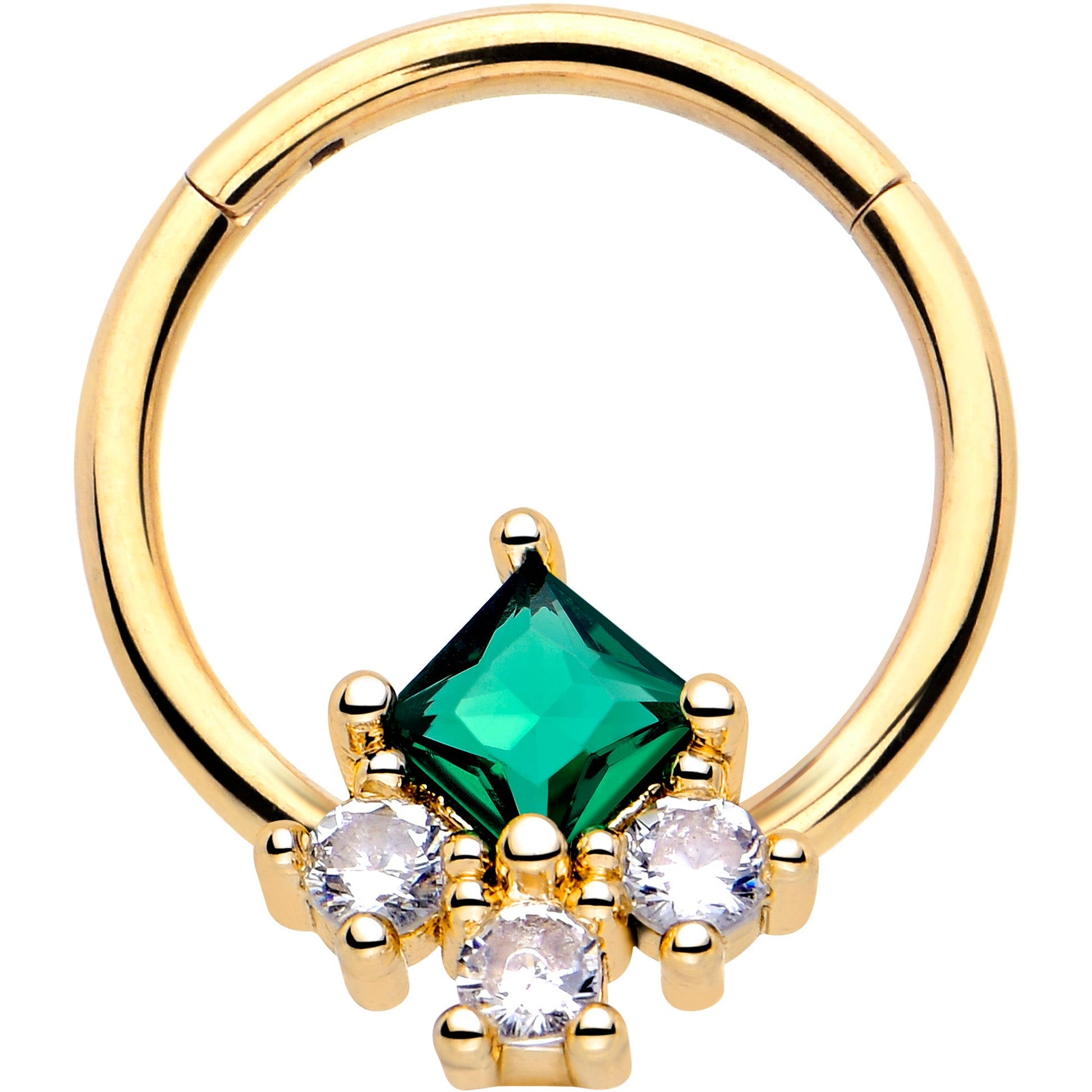 16G 3/8 Green CZ Gem Gold Tone Rhombus Riot Hinged Segment Ring BodyCandy