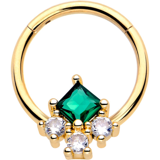 16G 3/8 Green CZ Gem Gold Tone Rhombus Riot Hinged Segment Ring BodyCandy