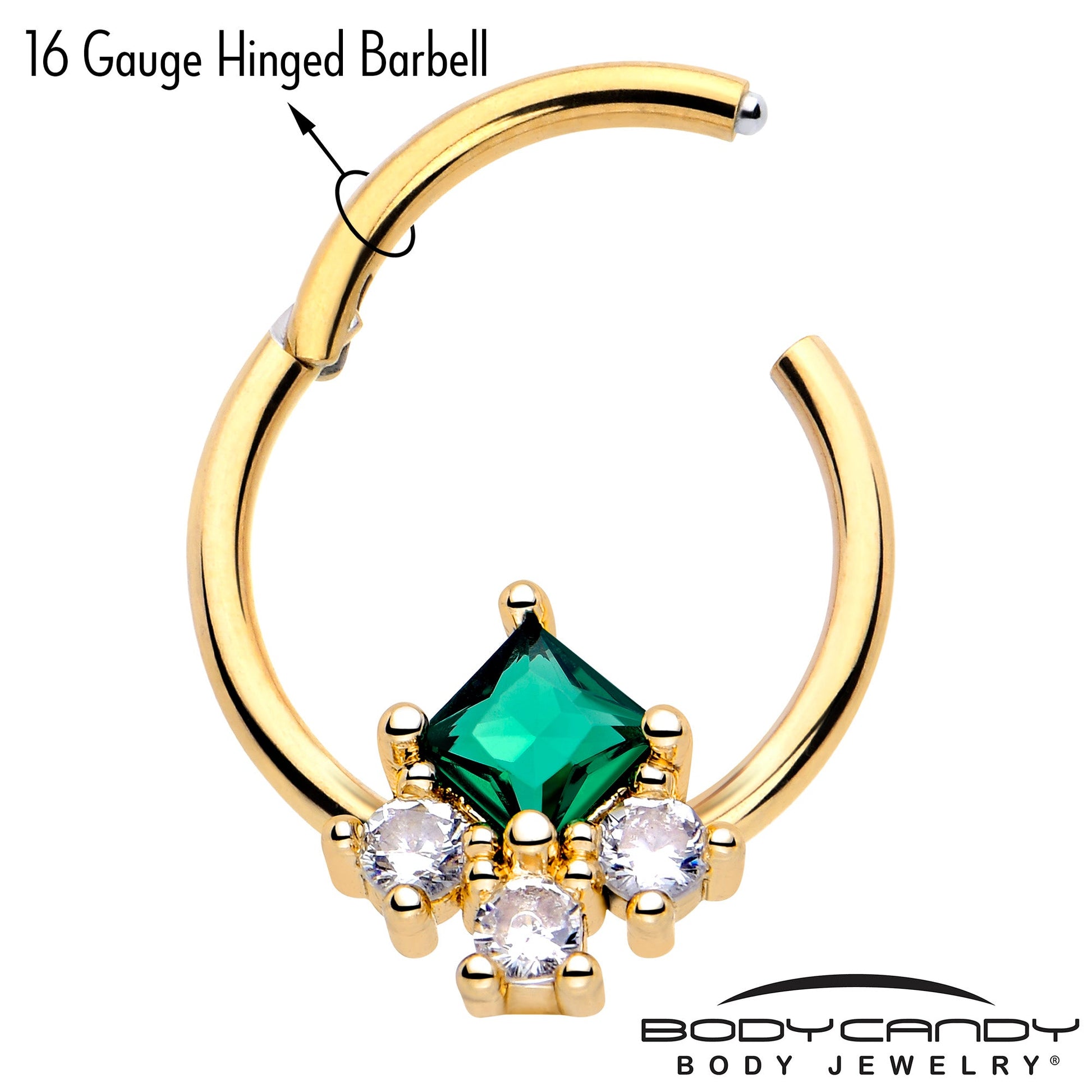 16G 3/8 Green CZ Gem Gold Tone Rhombus Riot Hinged Segment Ring BodyCandy