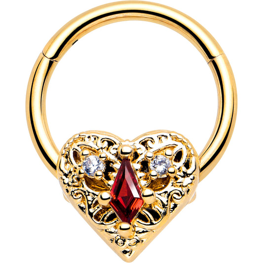 16G 3/8 Red CZ Gem Gold Tone Heart Queen Hinged Segment Ring BodyCandy