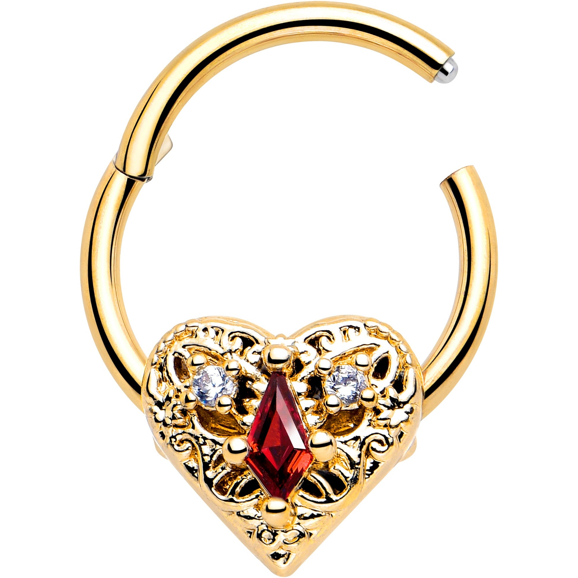 16G 3/8 Red CZ Gem Gold Tone Heart Queen Hinged Segment Ring BodyCandy
