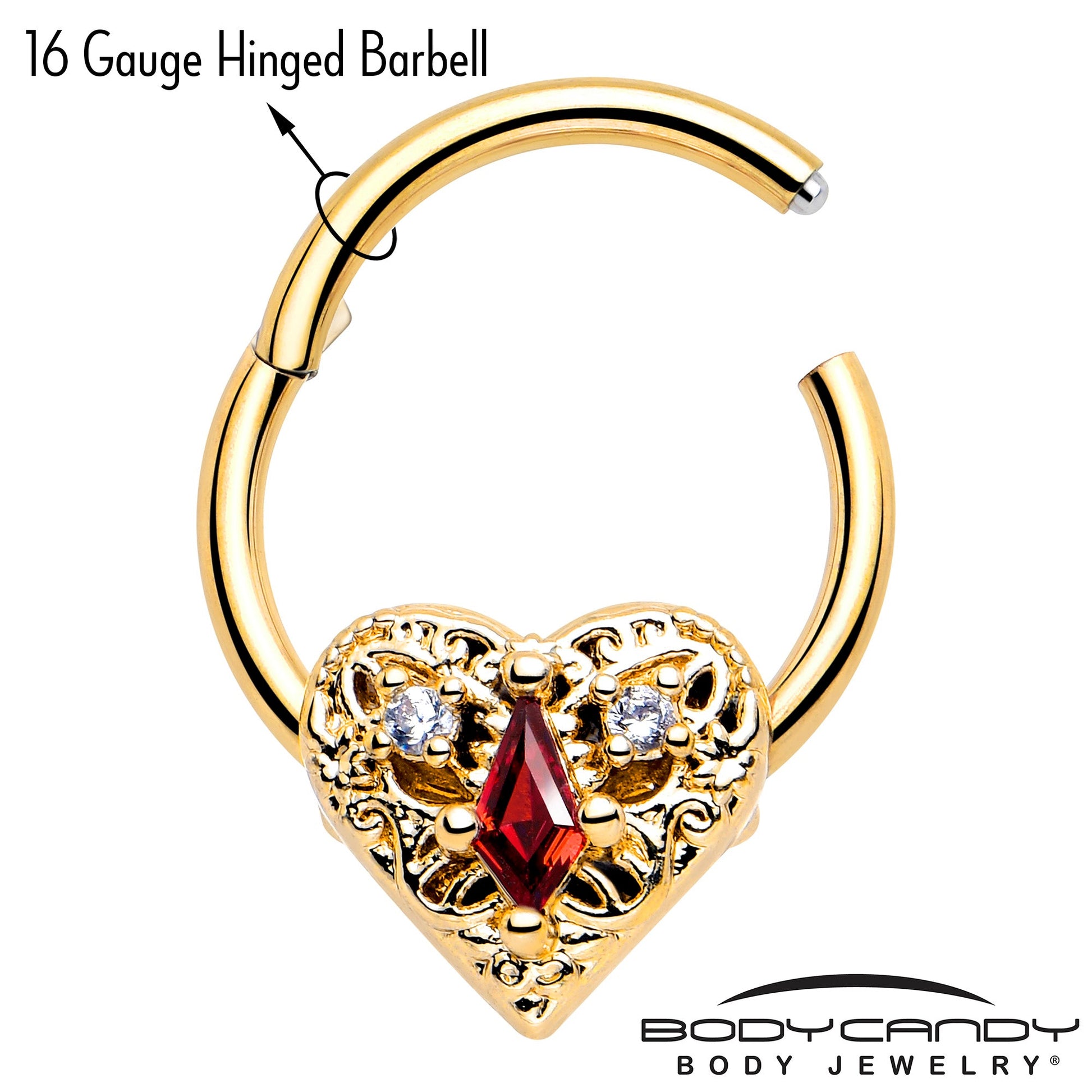 16G 3/8 Red CZ Gem Gold Tone Heart Queen Hinged Segment Ring BodyCandy