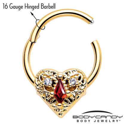 16G 3/8 Red CZ Gem Gold Tone Heart Queen Hinged Segment Ring BodyCandy