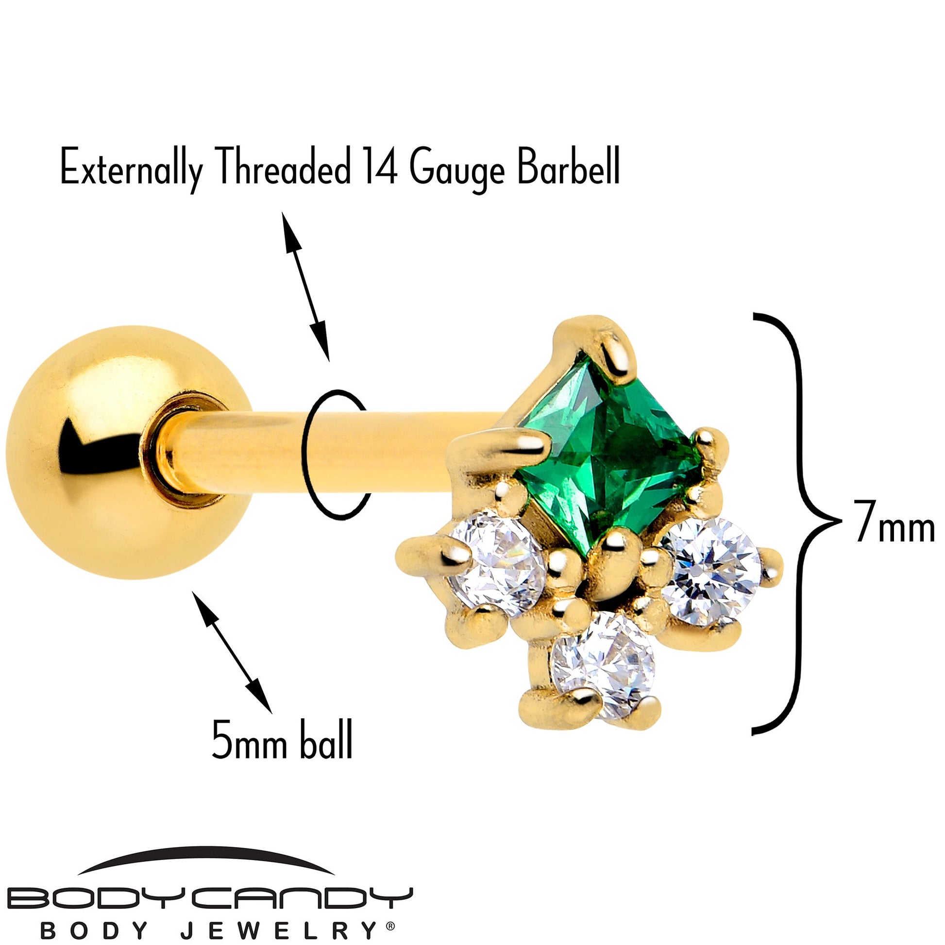 Green CZ Gem Gold Tone Rhombus Riot Barbell Tongue Ring BodyCandy