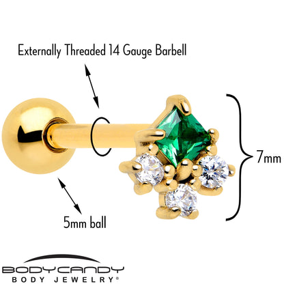 Green CZ Gem Gold Tone Rhombus Riot Barbell Tongue Ring BodyCandy