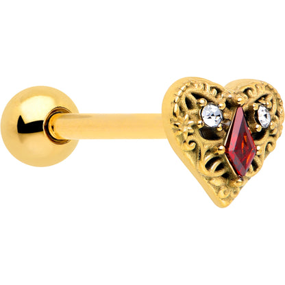 Red CZ Gem Gold Tone Heart Queen Barbell Tongue Ring BodyCandy