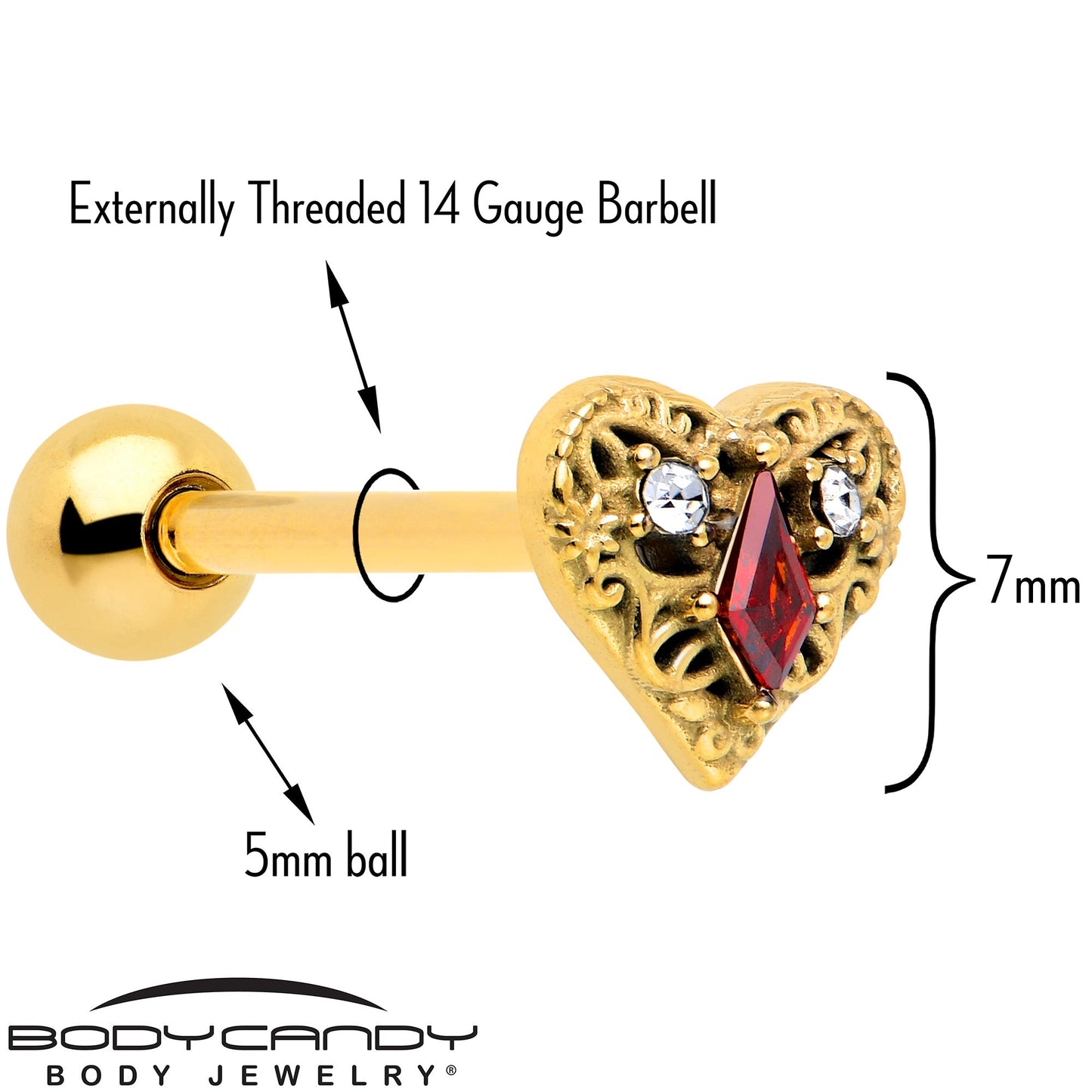 Red CZ Gem Gold Tone Heart Queen Barbell Tongue Ring BodyCandy