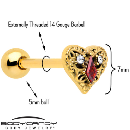 Red CZ Gem Gold Tone Heart Queen Barbell Tongue Ring BodyCandy